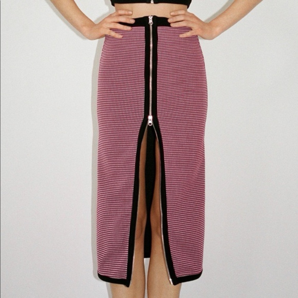 Zara Red, Black, and White Zip Front Midi Pencil Skirt